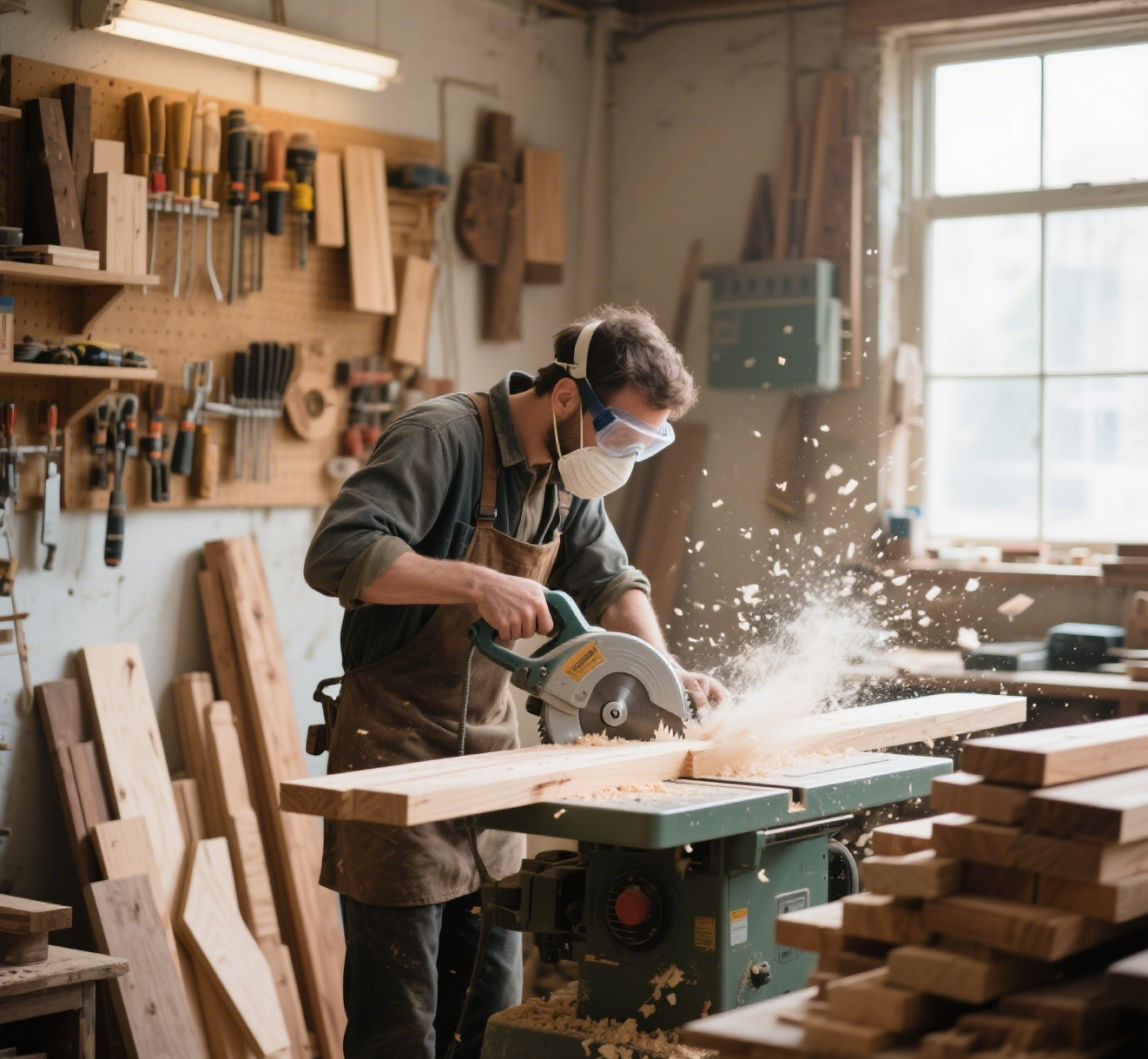 a worker using a table blade saw